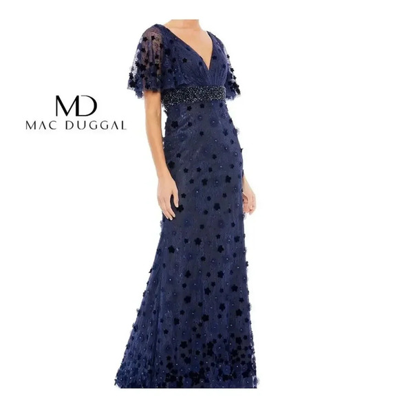 NWT Mac Duggal 67712 Bell Sleeve Lace Dress MIDNIGHT BLUEBERRY $698 size 16 - Picture 1 of 14